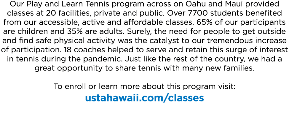 Our Play and Learn Tennis program across on Oahu and Maui provided classes at 20 facilities, private and public  Over   