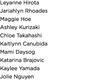 Leyanne Hirota Jariahlyn Rhoades Maggie Hoe Ashley Kurizaki Chloe Takahashi Kaitlynn Canubida Mami Daysog Katarina Br   