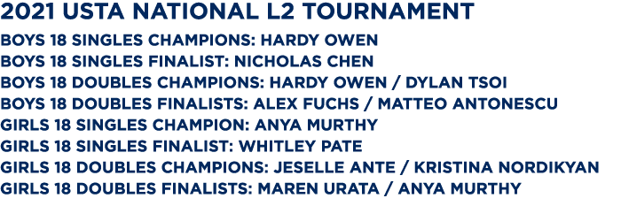2021 USTA NATIONAL L2 TOURNAMENT BOYS 18 SINGLES CHAMPIONS: Hardy Owen BOYS 18 SINGLES FINALIST: Nicholas Chen BOYS 1   